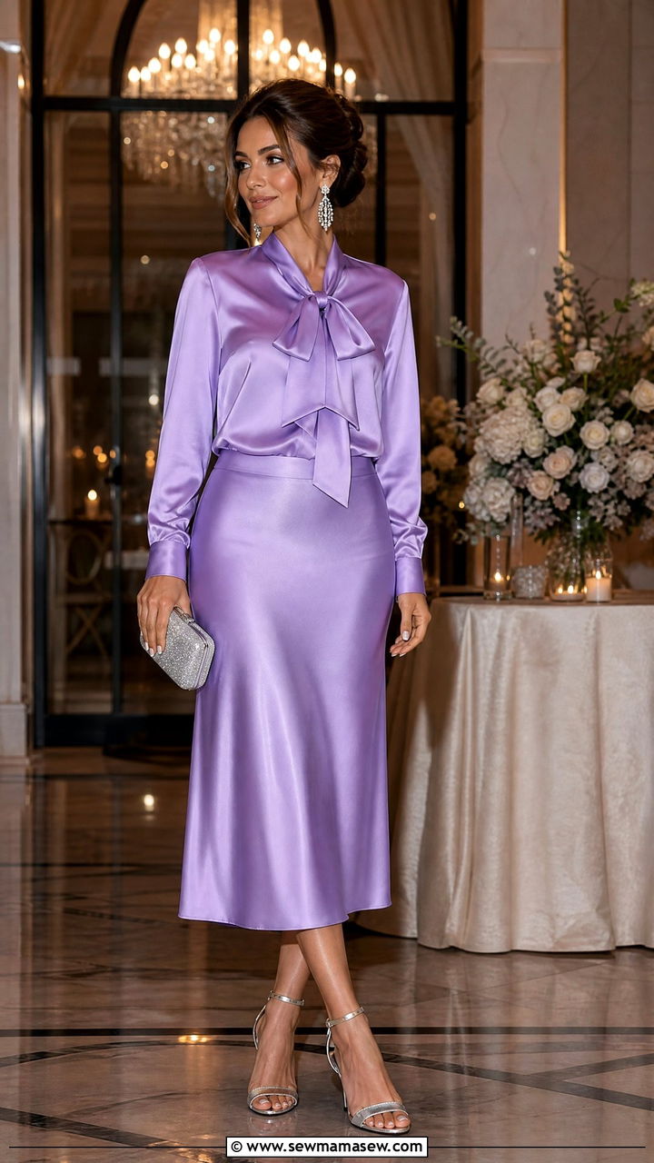 Lilac Satin Blouse With A Matching Midi Skirt - 35 Lilac outfit ideas