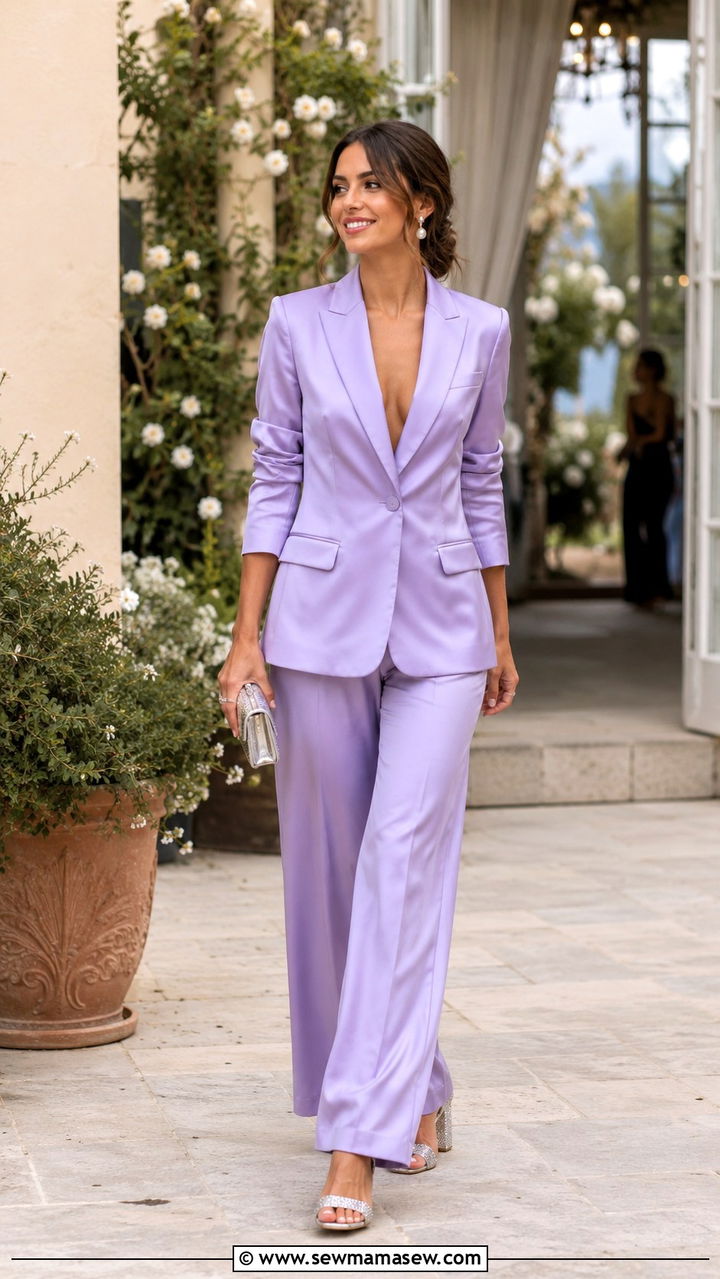 Lilac Satin Pantsuit With Silver Sparkle Heels - 25 Wedding guest pantsuit outfit ideas