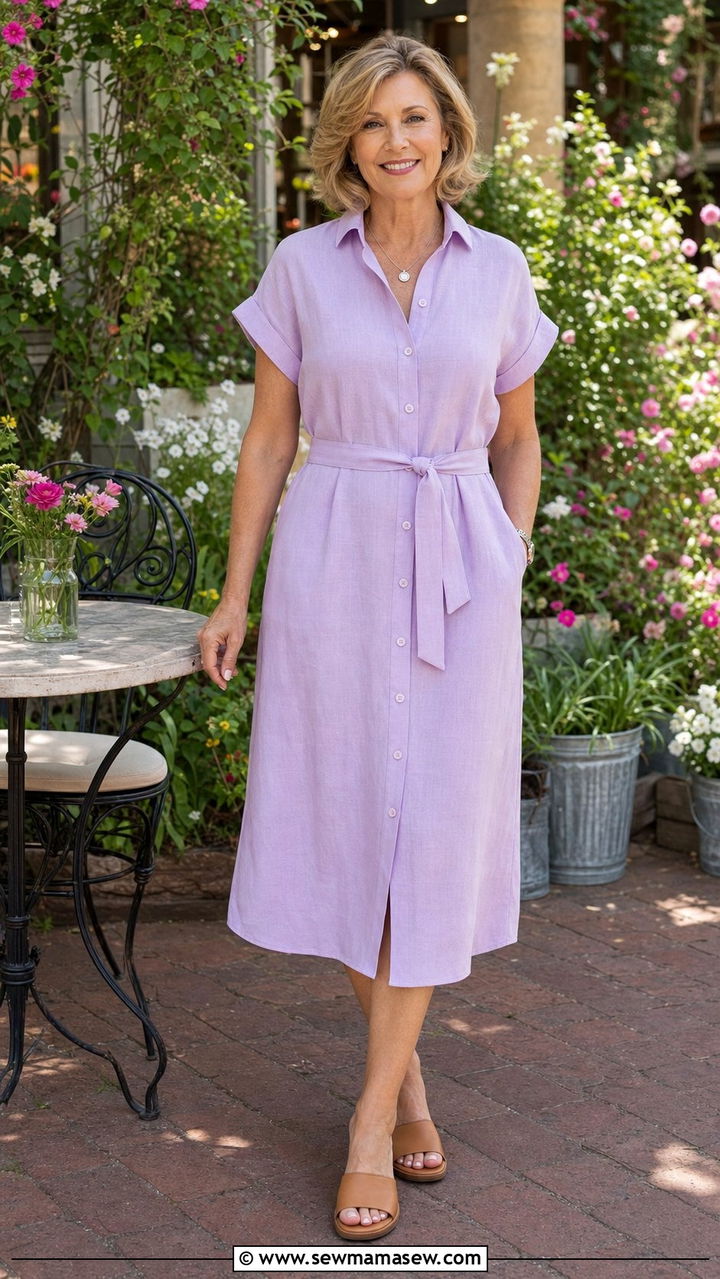 Lilac Shirt Dress With Belted Waist And Sandals Outfit - 35 Brunch outfits for women over 50