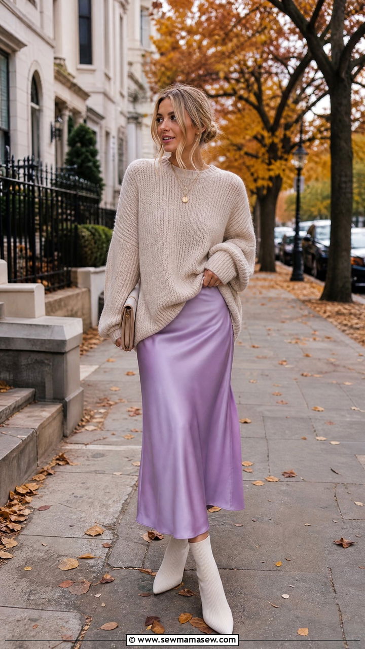Lilac Slip Skirt With An Oversized Knit - 35 Lilac outfit ideas