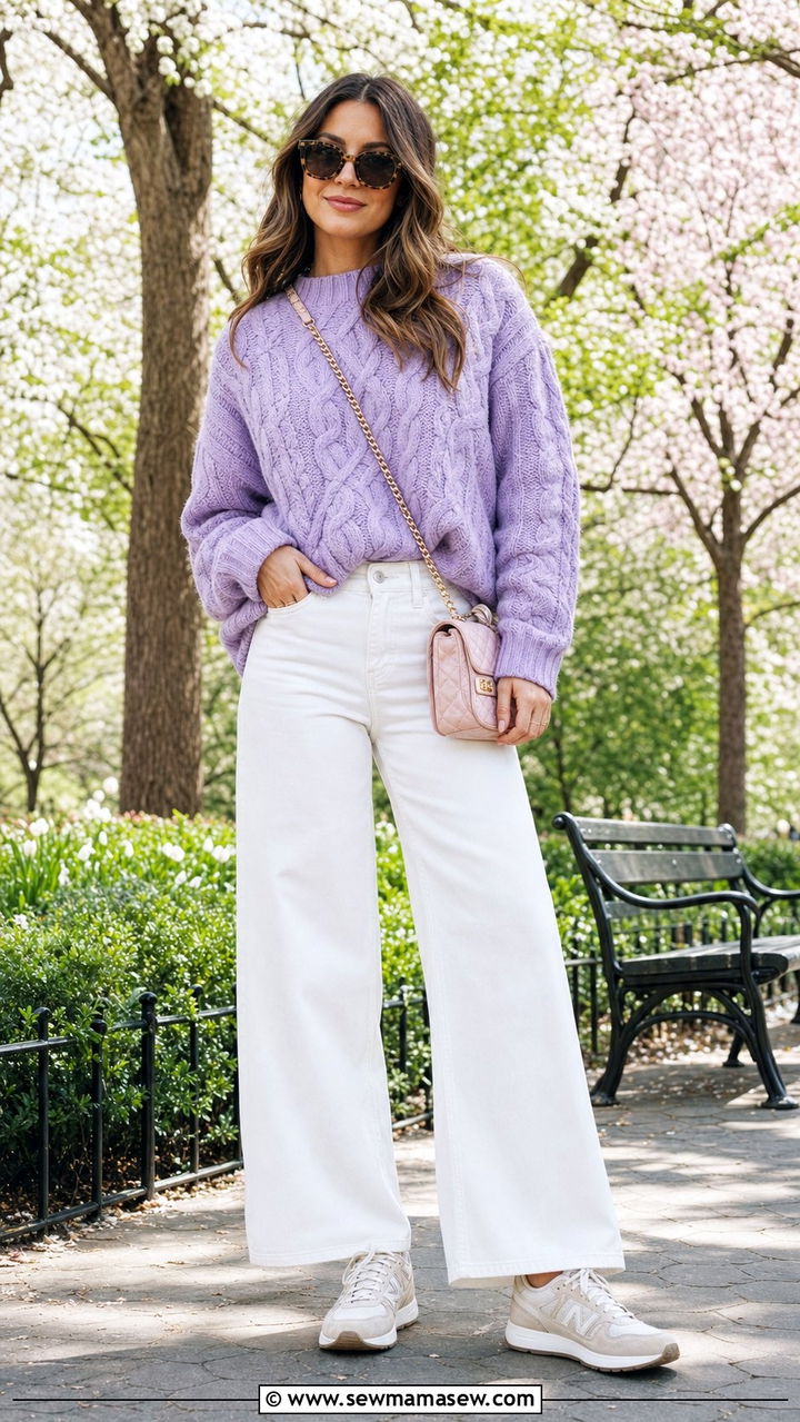 Lilac Sweater With White Wide Leg Jeans - 25 spring lilac outfit ideas