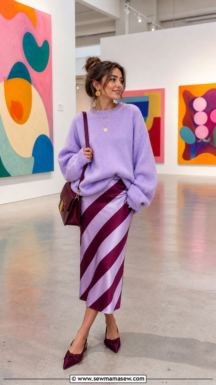 Lilac Sweater and Diagonal Striped Satin Skirt Outfit - 40 cute summer outfit ideas