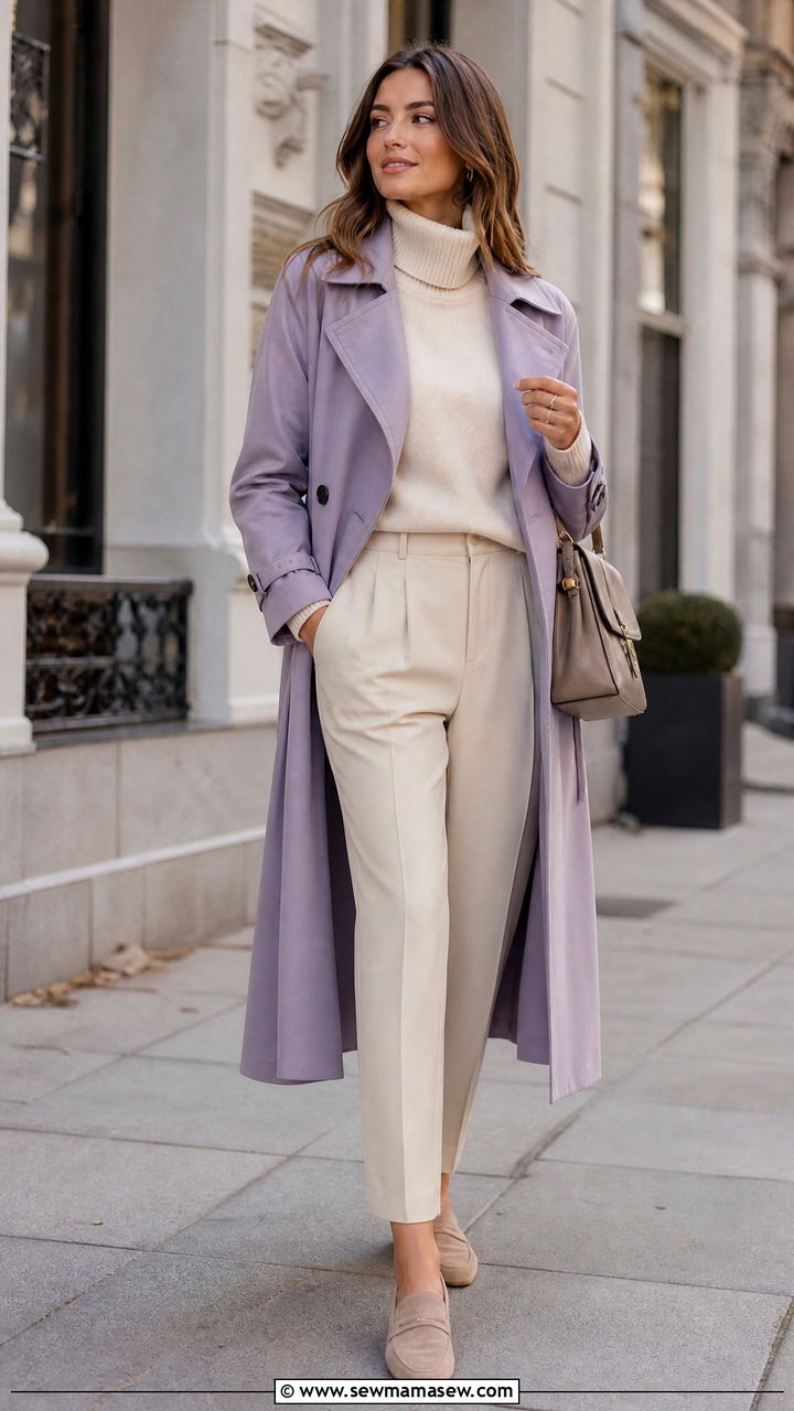 Lilac Trench Coat With Neutral Layers - 35 Lilac outfit ideas