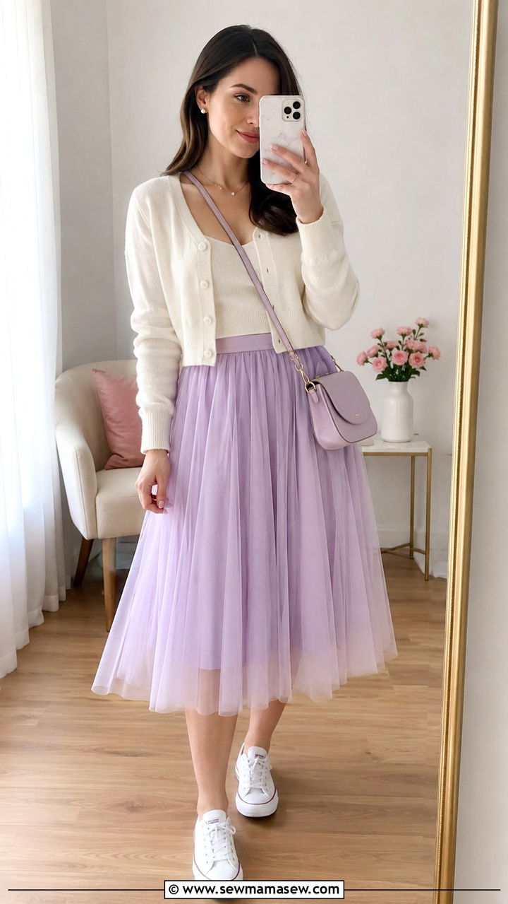 Lilac Tulle Midi Skirt With Cropped Cardigan And Canvas Sneakers - 25 Tulle skirt outfit ideas with sneakers