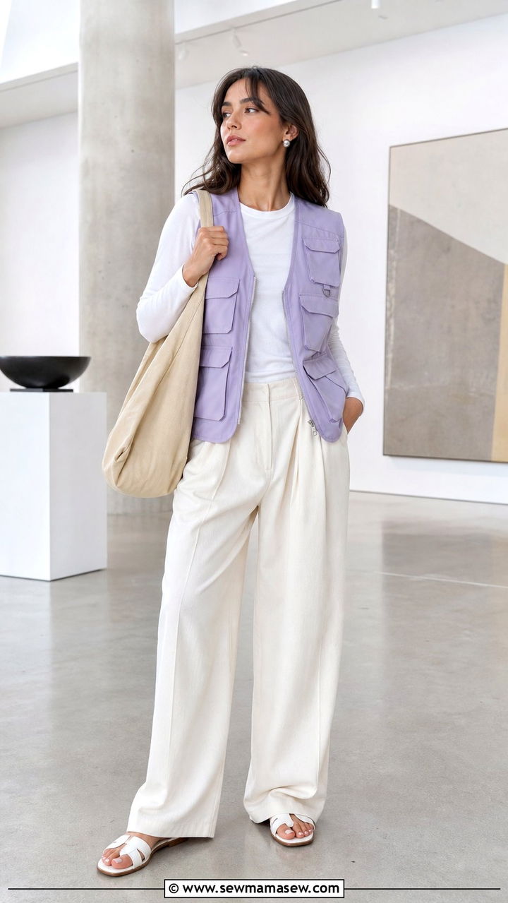 Lilac Utility Vest With Wide Leg Trousers - 25 spring lilac outfit ideas
