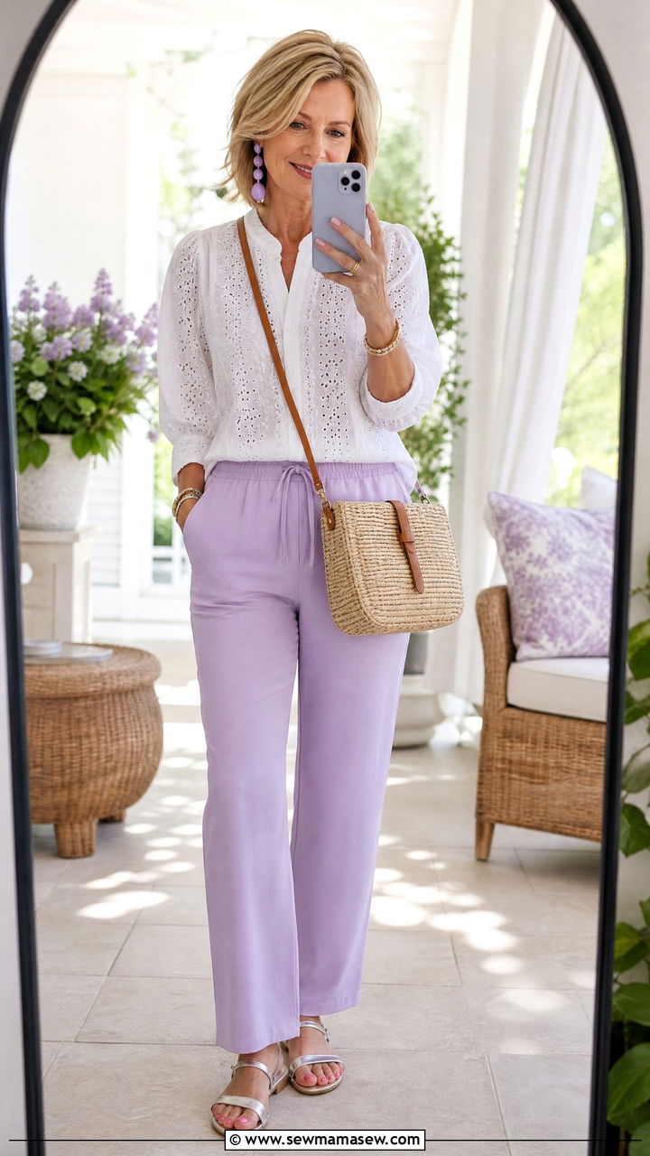 Lilac cotton pull on trousers with a white textured blouse - 30 Elevated casual outfit ideas for women over 40