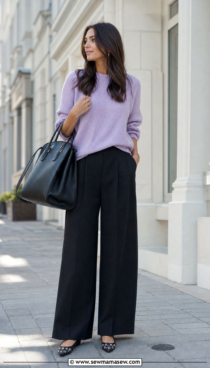 Lilac knit jumper with wide leg black trousers and rhinestone ballet flats - 25 Sofia Richie spring outfit ideas