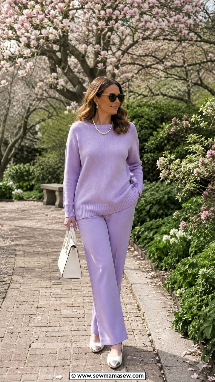 Lilac knit sweater and straight leg pants outfit - 30 Sweater and pants matching set outfit ideas