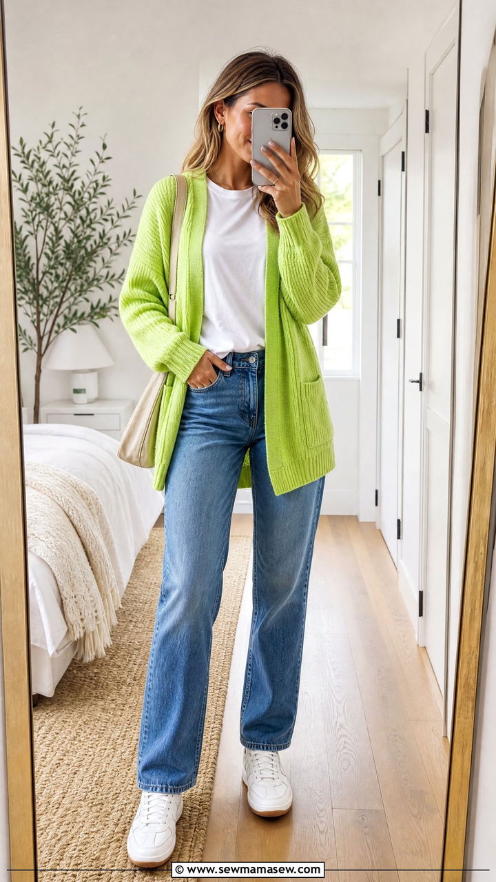 Lime Green Cardigan With A White Tee And Jeans - 35 Lime green outfit ideas