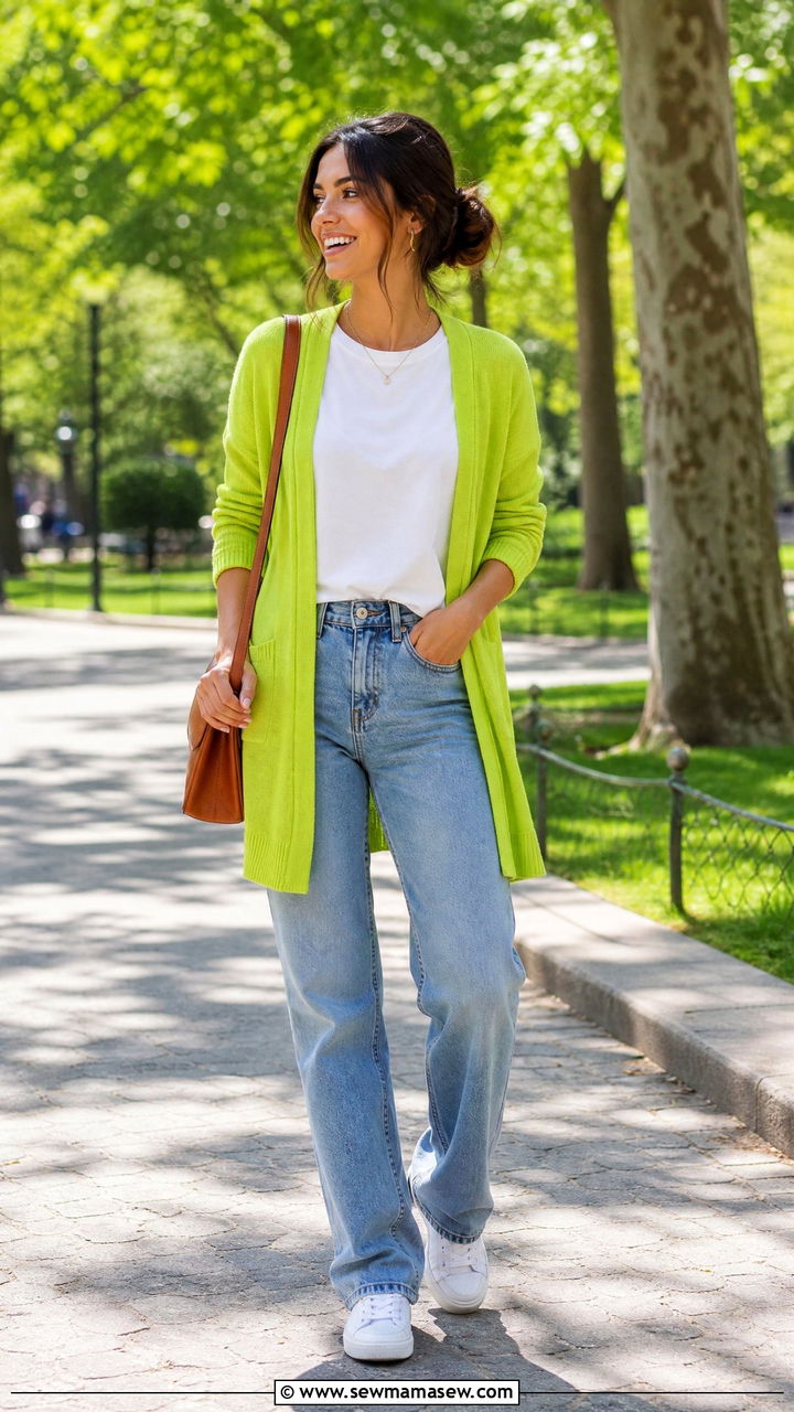 Lime Green Cardigan With White Tee And Jeans - 35 Lima outfit ideas