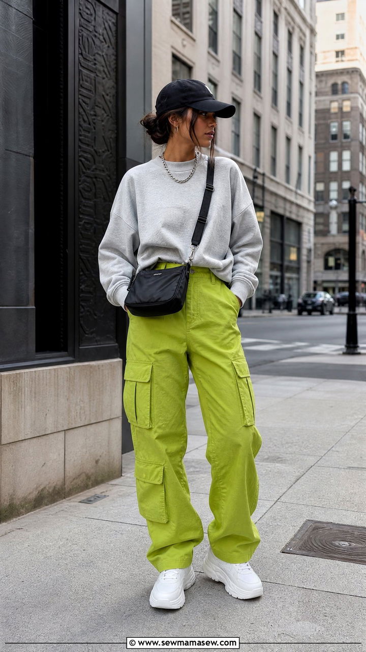 Lime Green Cargo Pants With A Gray Sweatshirt - 35 Lime green outfit ideas