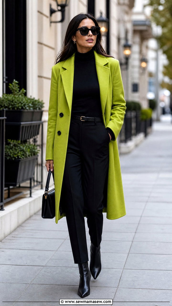 Lime Green Coat Over All Black Outfit - 35 Lima outfit ideas