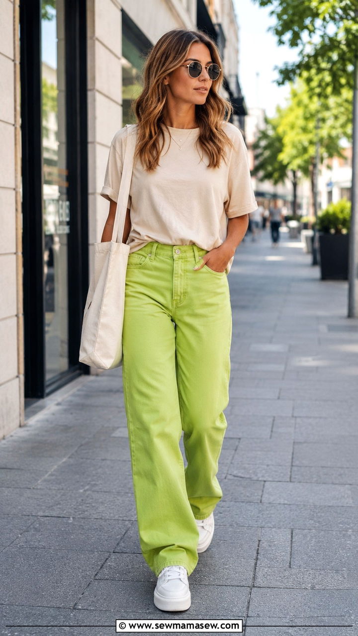 Lime Green Jeans And Neutral Top Outfit - 30 Green jeans outfit ideas