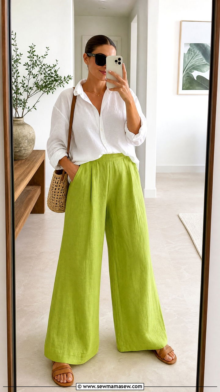 Lime Green Linen Wide Leg Pants with White Button Down - 30 summer colorful outfit ideas