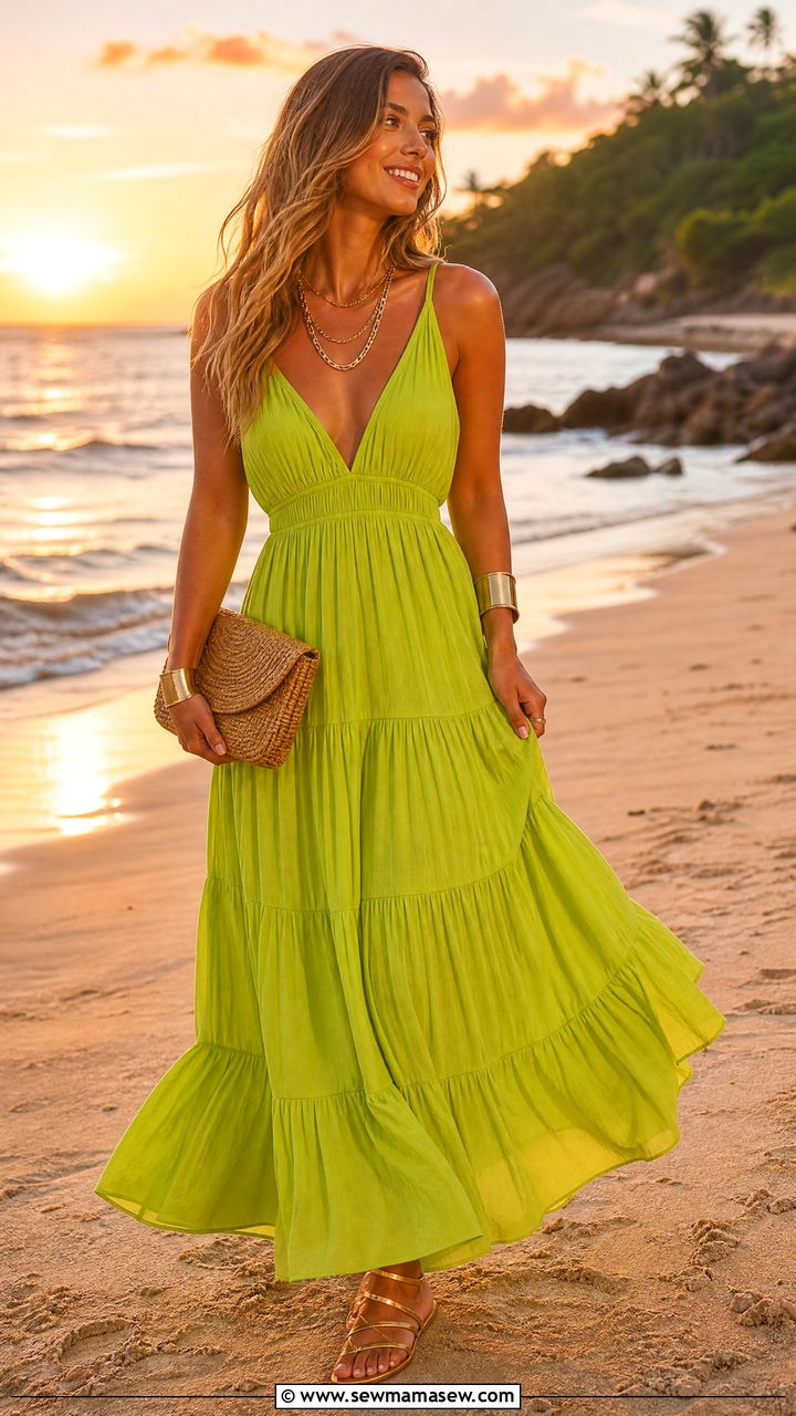 Lime Green Maxi Dress With Gold Accessories - 35 Lime green outfit ideas