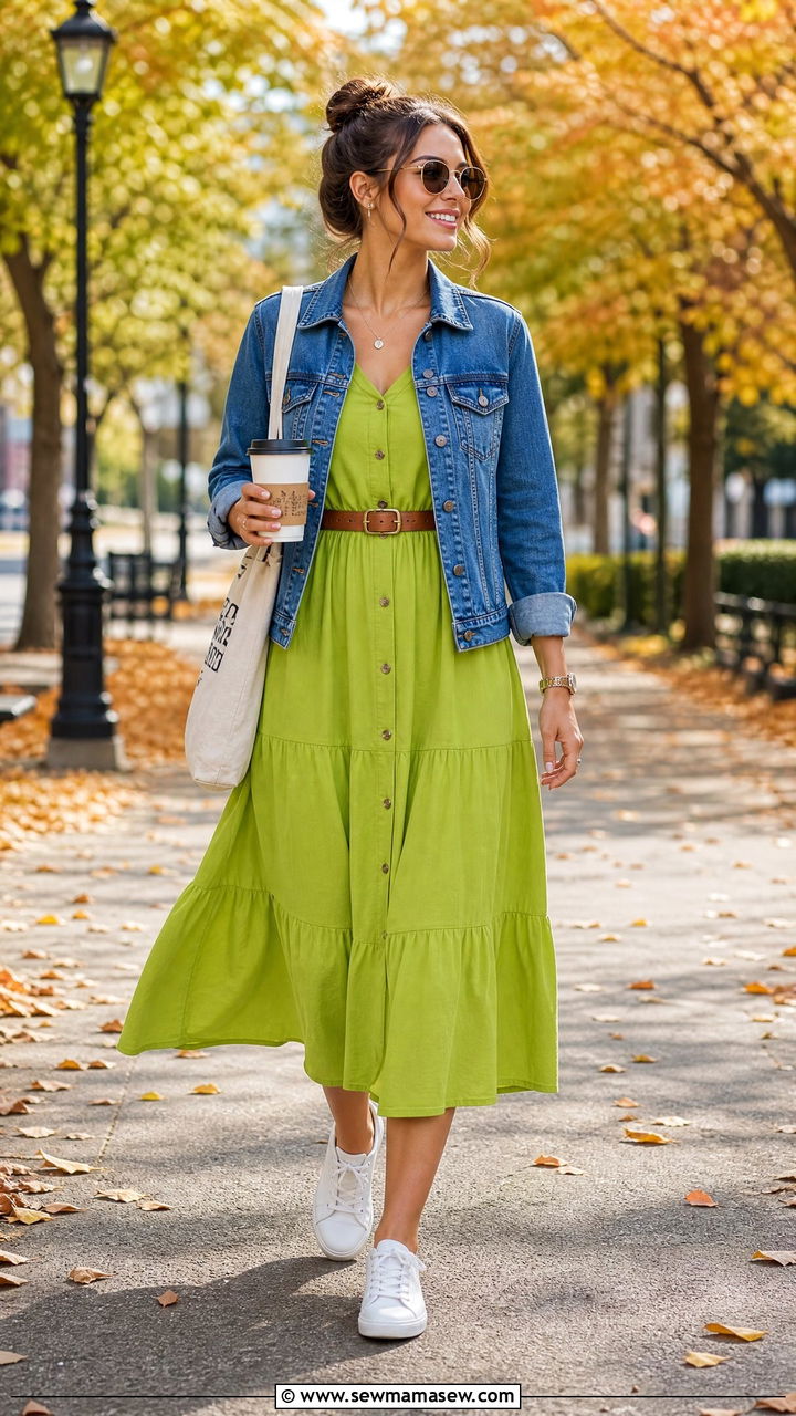 Lime Green Midi Dress With Denim Jacket - 35 Lima outfit ideas