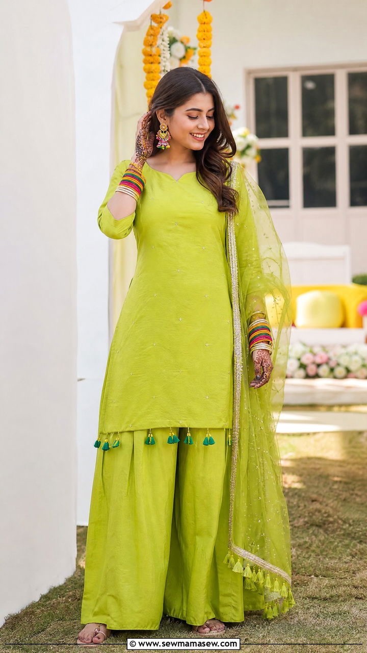 Lime Green Palazzo Kurta With Tassel Details - 30 Mehndi outfit ideas