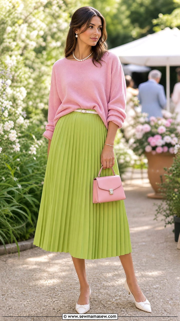 Lime Green Pleated Skirt With A Pink Sweater - 35 Lime green outfit ideas