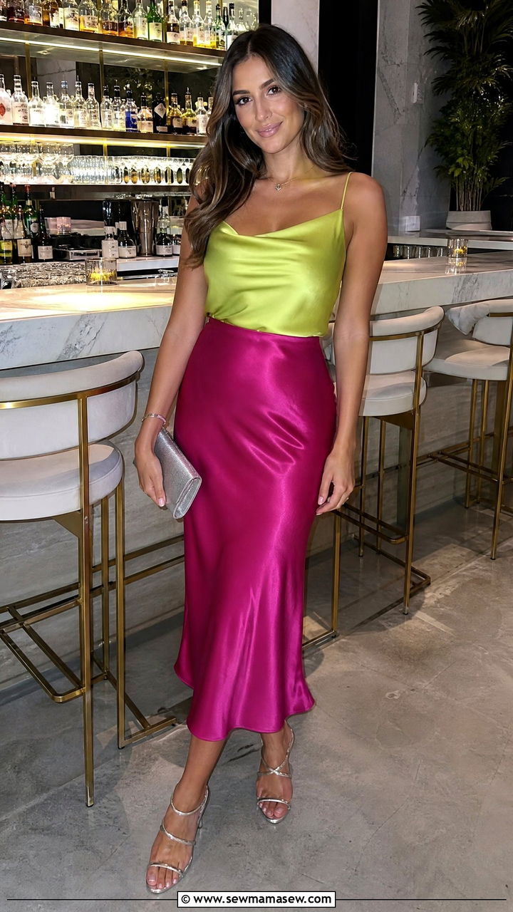 Lime Green Satin Cami and Fuchsia Skirt - 25 Green and pink outfit ideas