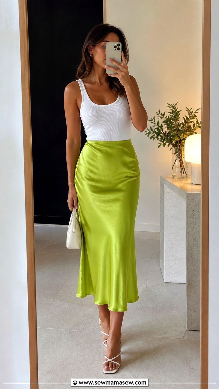 Lime Green Satin Midi Skirt With White Tank - 40 summer outfits 2026