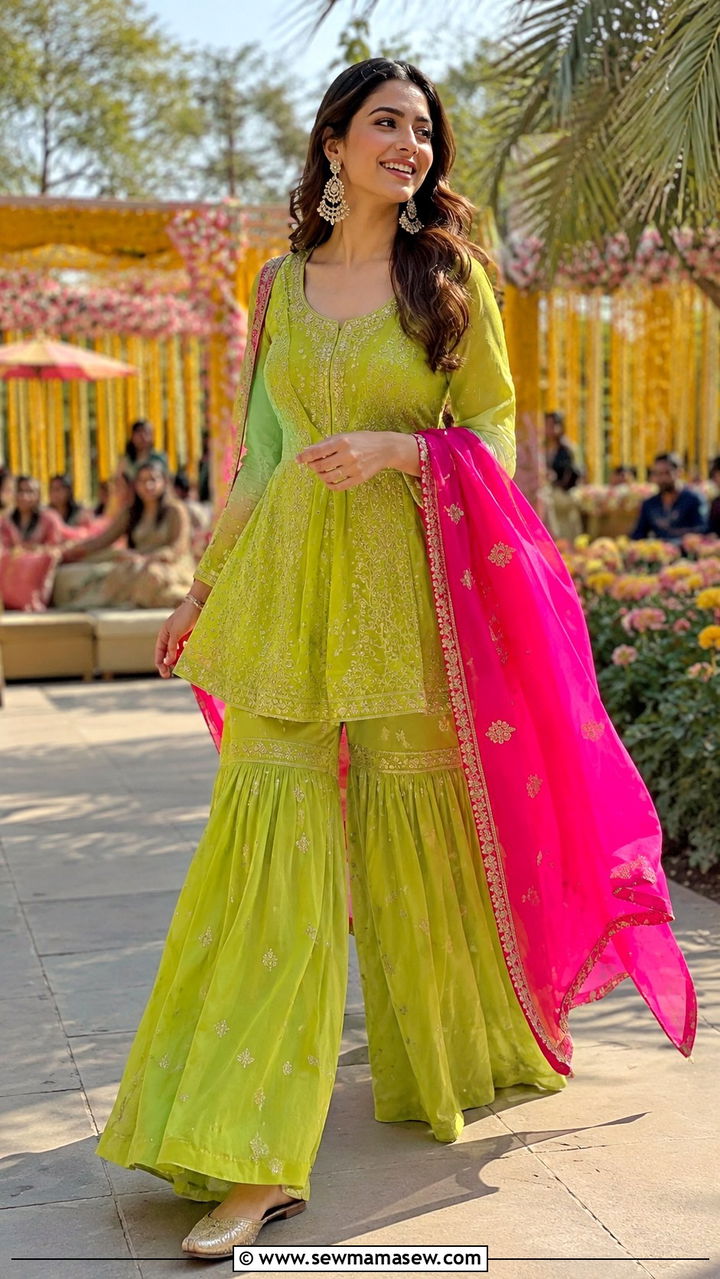 Lime Green Sharara Outfit With Hot Pink Dupatta - 25 Mehndi outfit ideas 2026