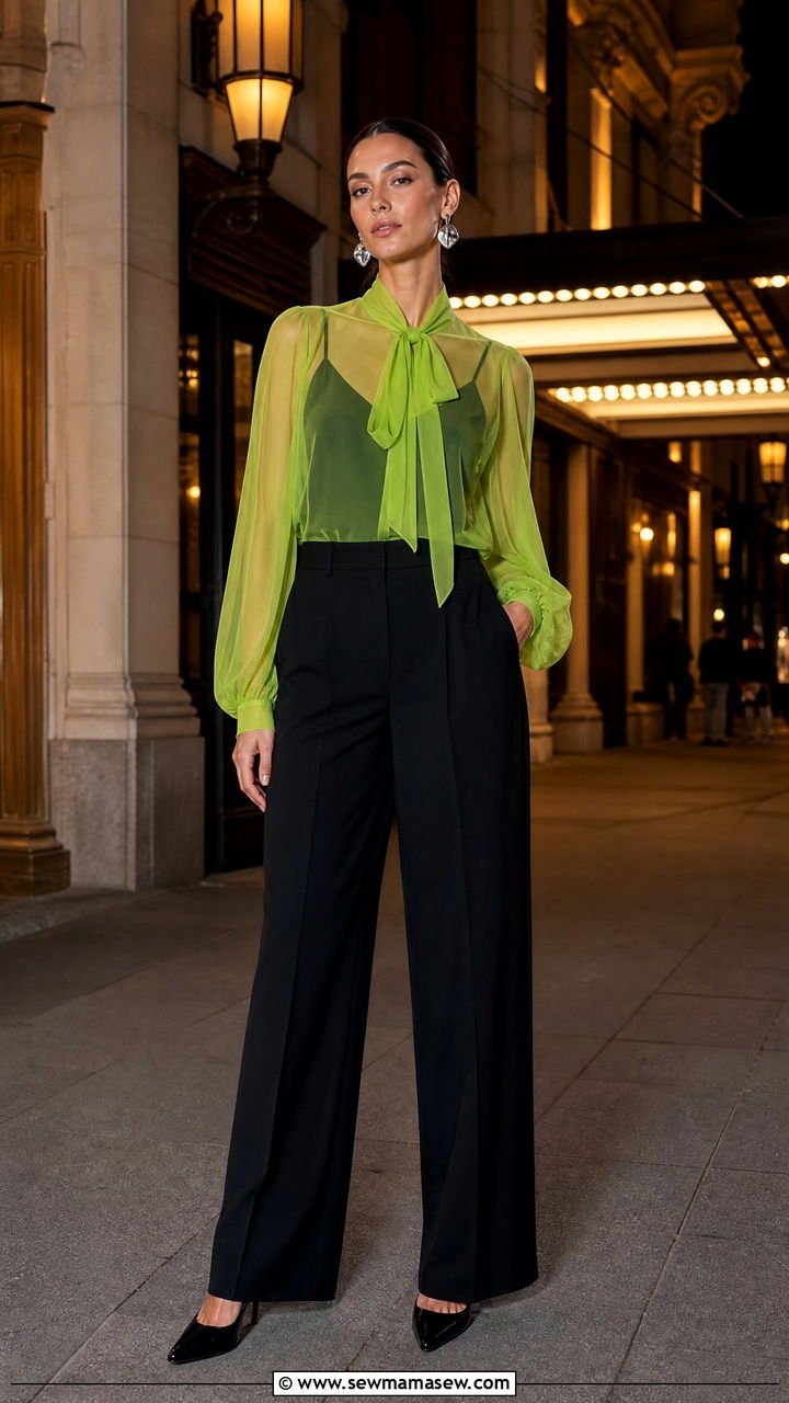 Lime Green Sheer Blouse With Black Trousers - 35 Lime green outfit ideas