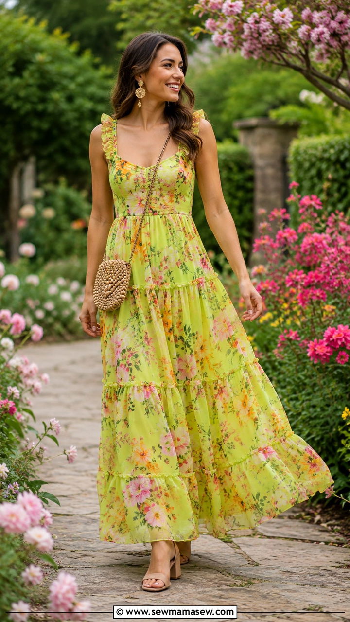 Lime Green Tiered Floral Maxi Dress For Garden Parties - 20 Green dress outfit ideas summer 2026