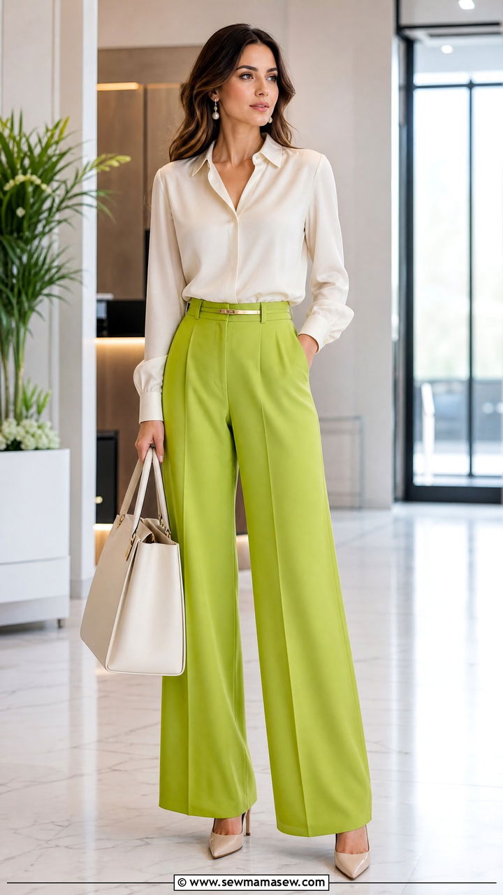 Lime Green Wide Leg Trousers With A Silk Blouse - 35 Lime green outfit ideas