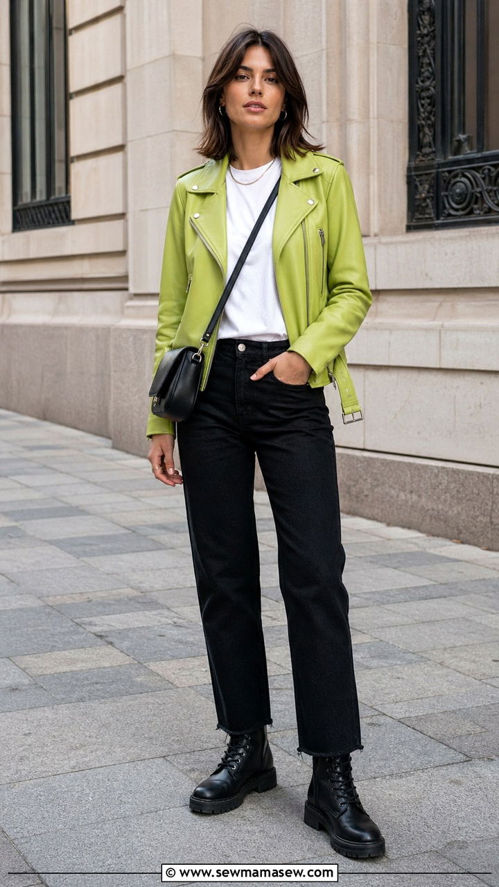 Lime green leather jacket with black jeans - 40 All lime green outfit ideas