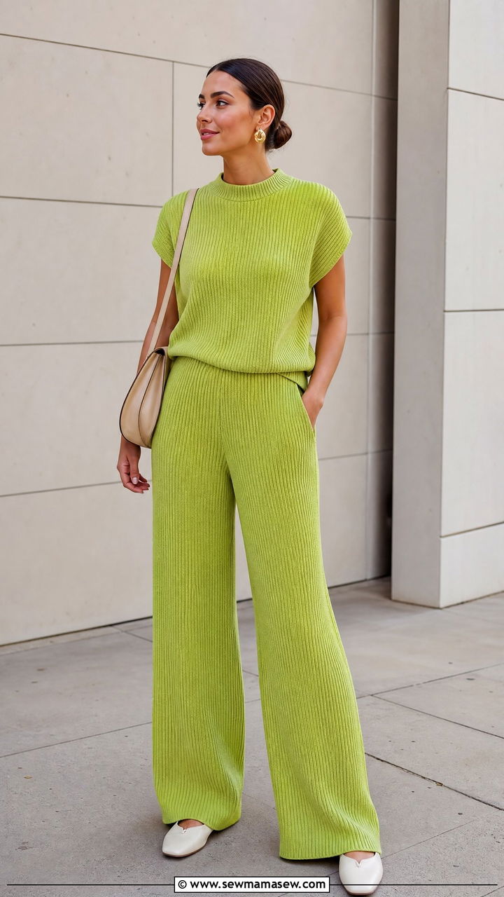 Lime green ribbed knit top and wide leg pant set - 25 Matching set outfit ideas bold color