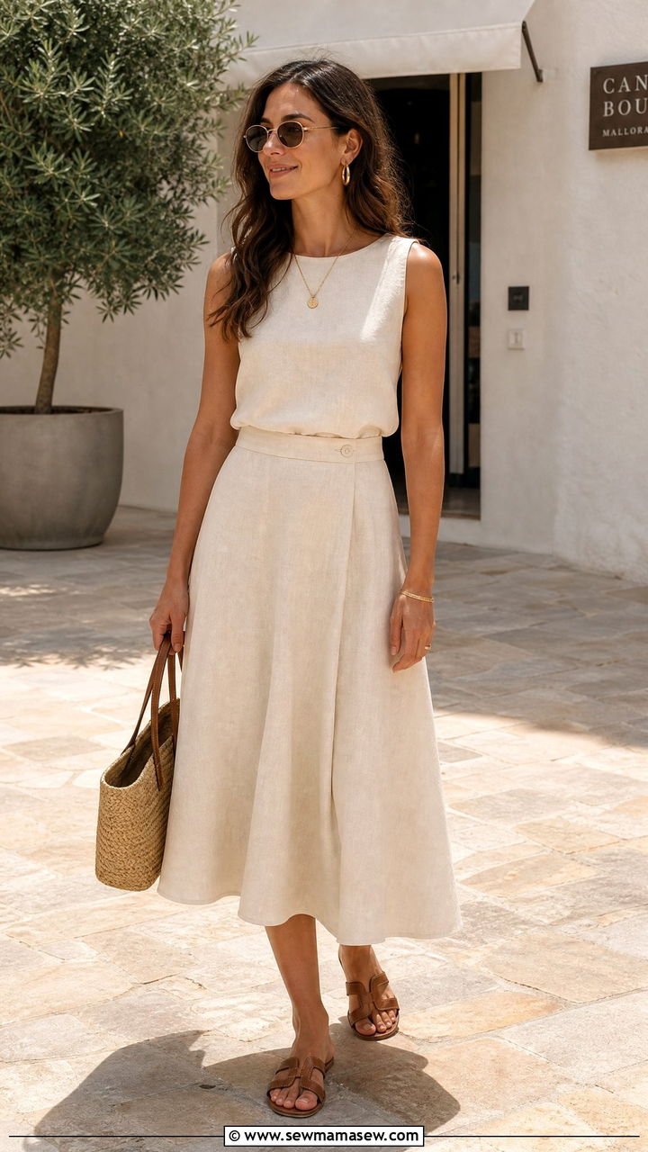 Linen A Line Skirt with Sleeveless Shell - 25 Business casual outfits with skirt