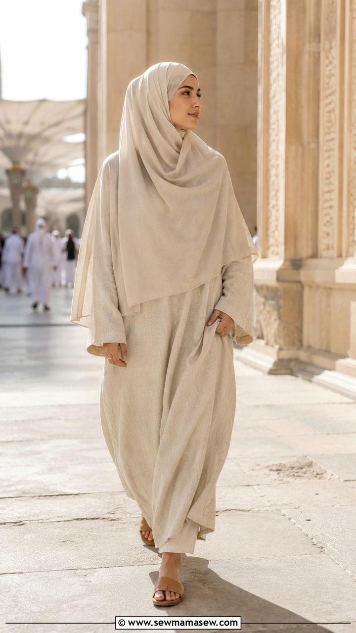 Linen Abaya with Khimar for Umrah - 30 Modest outfit ideas for Umrah