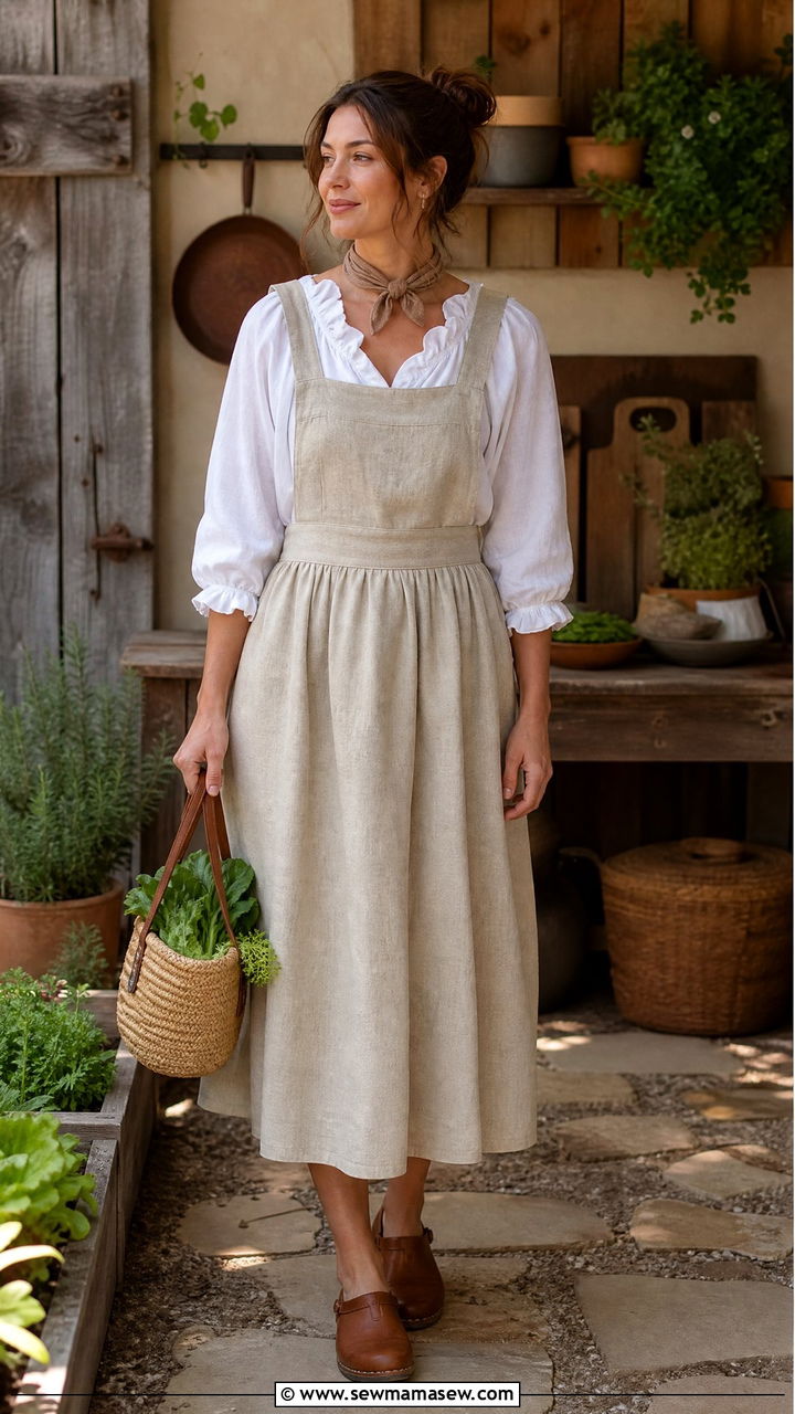 Linen Apron Dress With Ruffled Blouse - 30 Cottagecore summer outfits