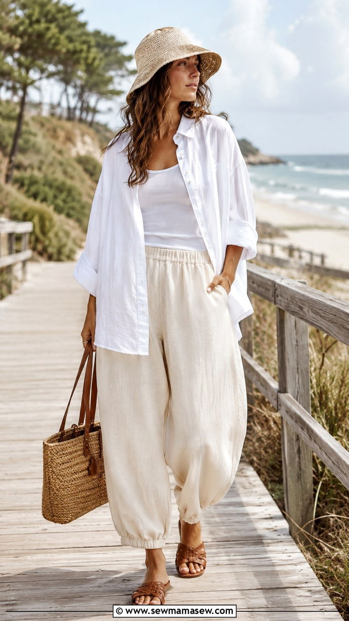 Linen Balloon Pants with Button Down Shirt and Woven Sandals - 20 casual balloon pants outfits