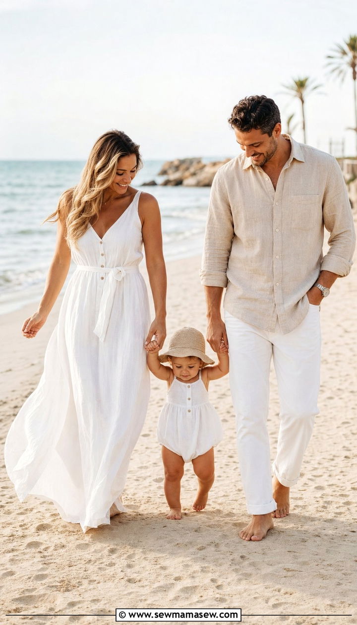 Linen Beige and White Summer Family Outfit With Toddler - 25 Family photo outfit ideas with toddler