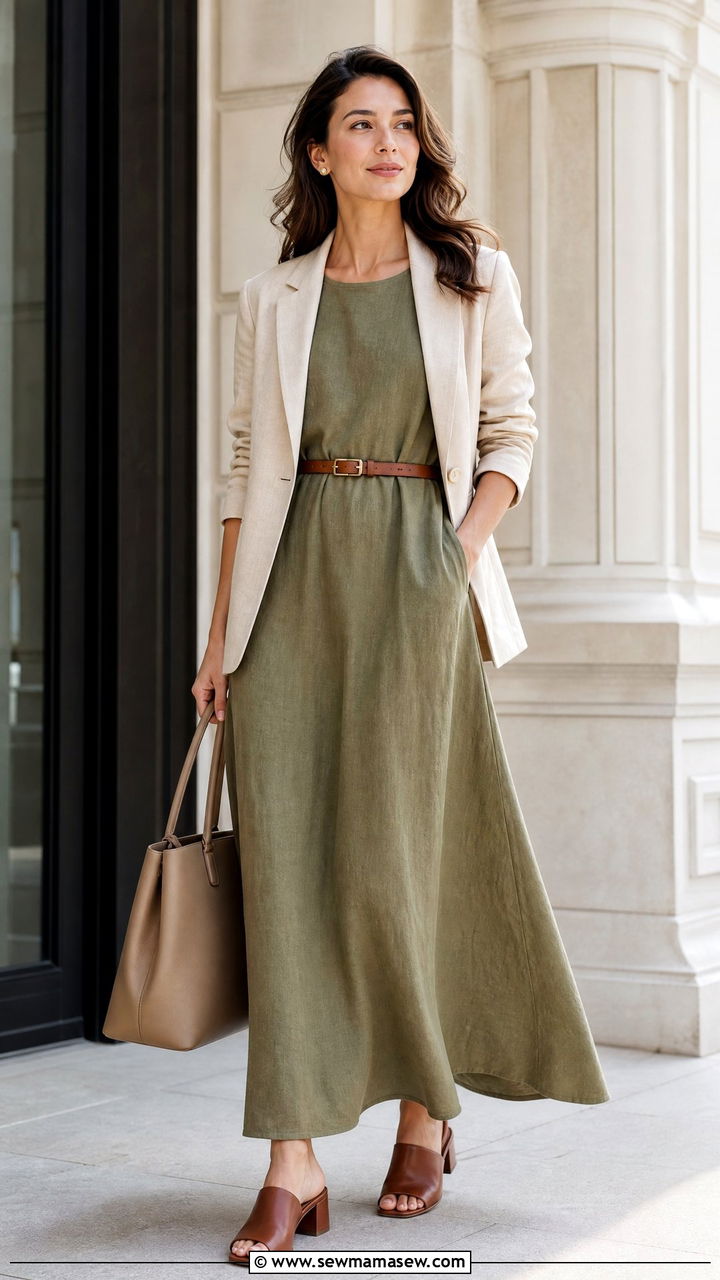 Linen Belted Maxi Dress Office Outfit - 30 summer maxi dress outfit ideas