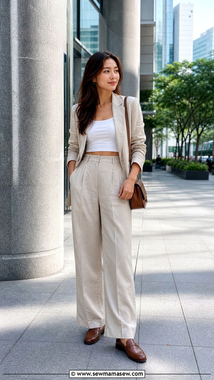 Linen Blazer Crop Top High Waisted Trousers Loafers - 40 Singapore outfit ideas