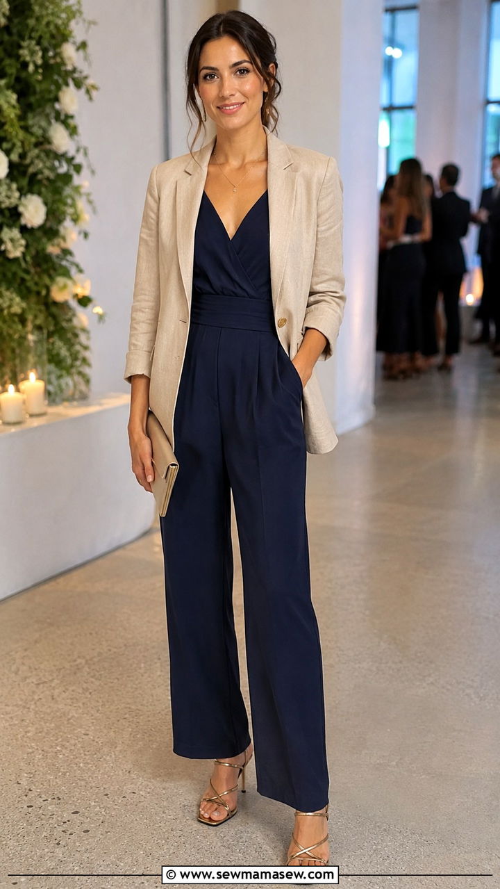 Linen Blazer Layered Over Jumpsuit With Strappy Heels - 30 Linen blazer outfit ideas with heels