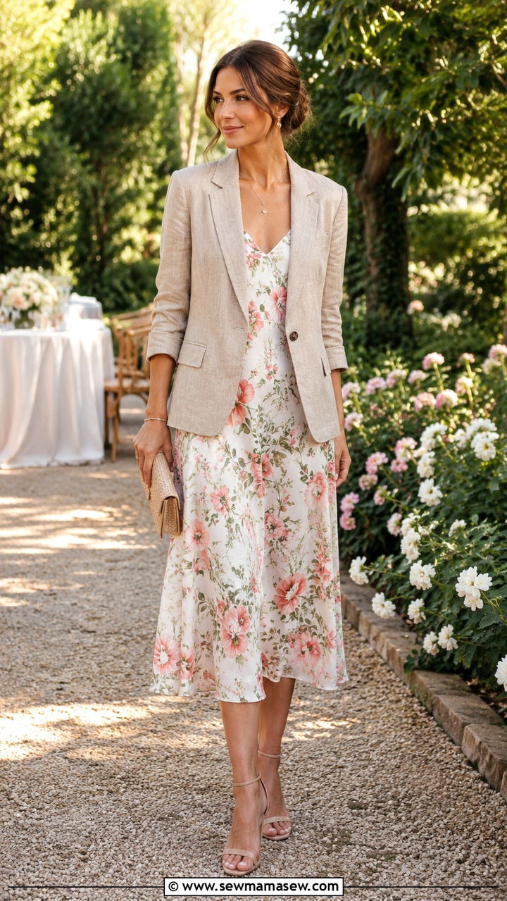 Linen Blazer Over Midi Dress With Delicate Heeled Sandals - 30 Linen blazer outfit ideas with heels