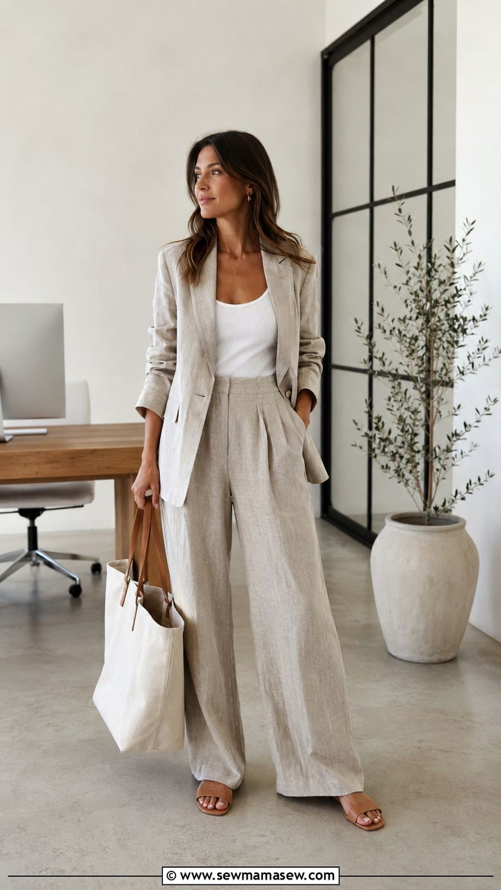 Linen Blazer Wide Leg Trousers Work - 30 Linen blazer outfit ideas for work