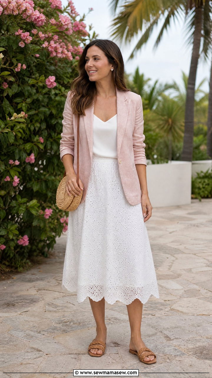 Linen Blazer With Broderie Anglaise Skirt Outfit - 30 Linen blazer outfit ideas with a skirt