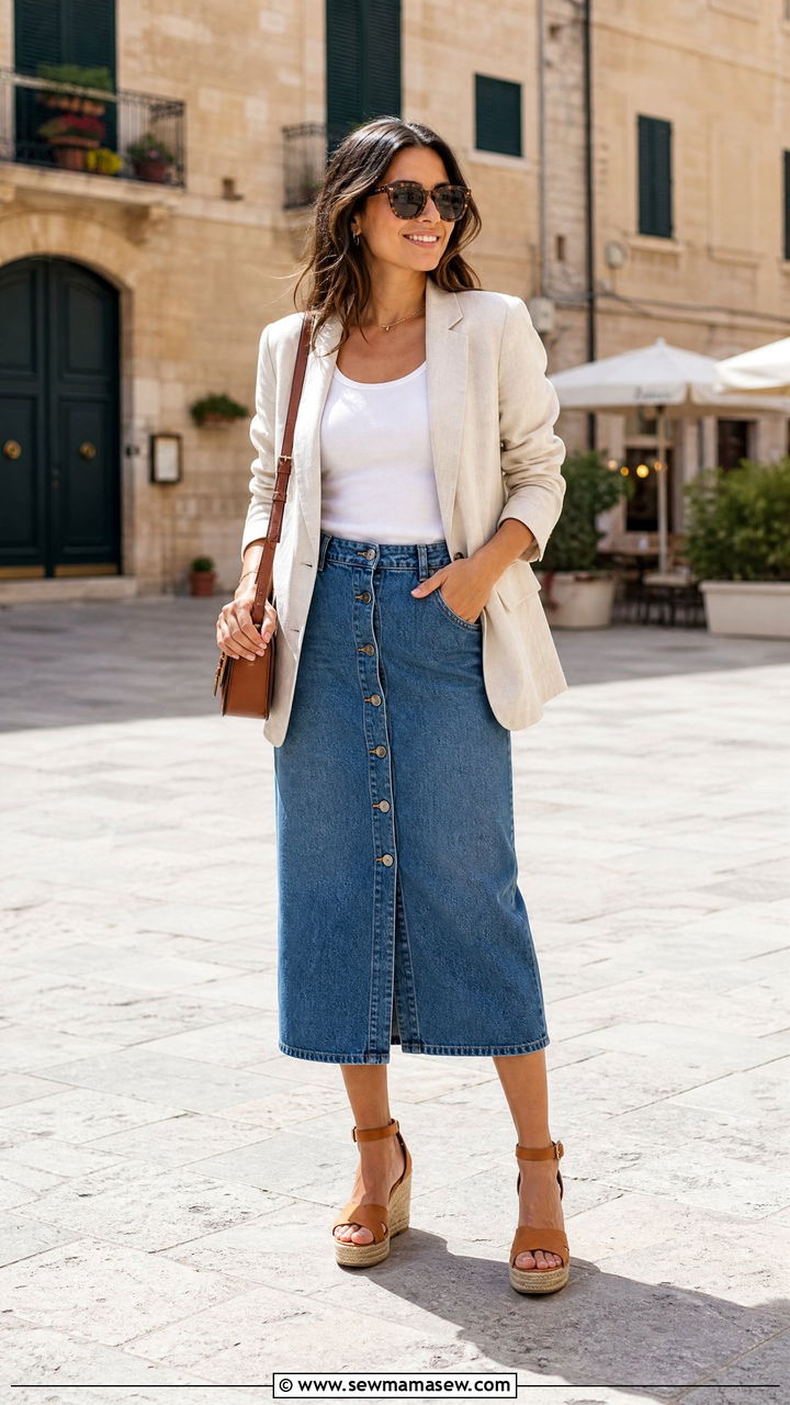 Linen Blazer With Button Front Denim Midi Skirt Outfit - 30 Linen blazer outfit ideas with a skirt