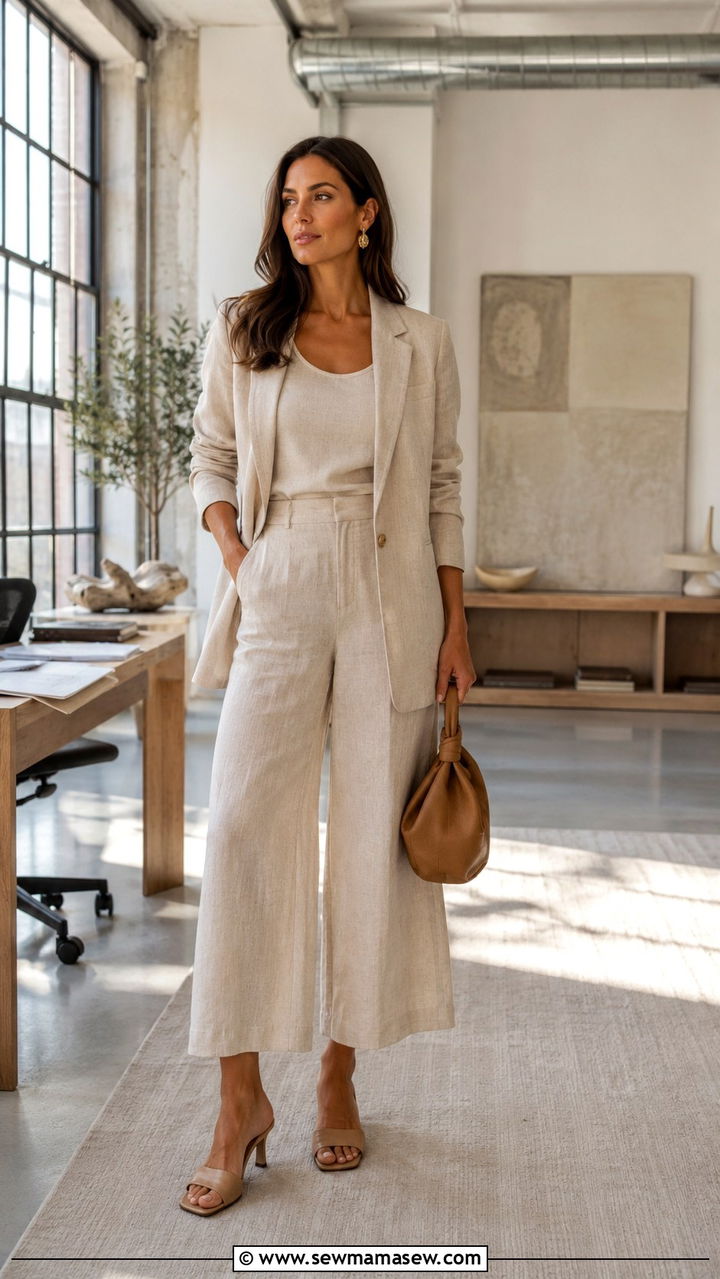 Linen Blazer With Culottes And Heeled Slides - 30 Linen blazer outfit ideas with heels