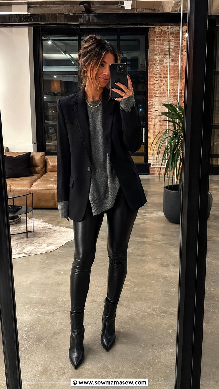 Linen Blazer With Faux Leather Leggings And Heeled Ankle Boots - 30 Linen blazer outfit ideas with heels