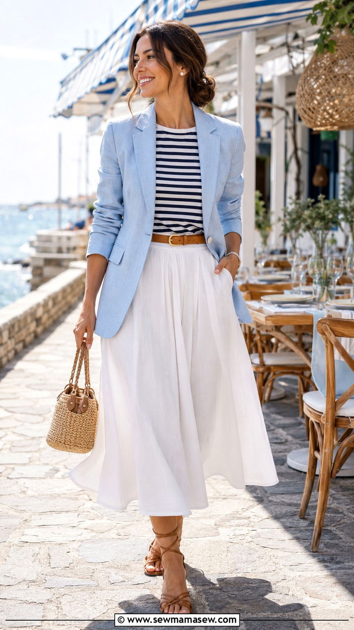 Linen Blazer With Flared Midi Skirt Outfit - 30 Linen blazer outfit ideas with a skirt