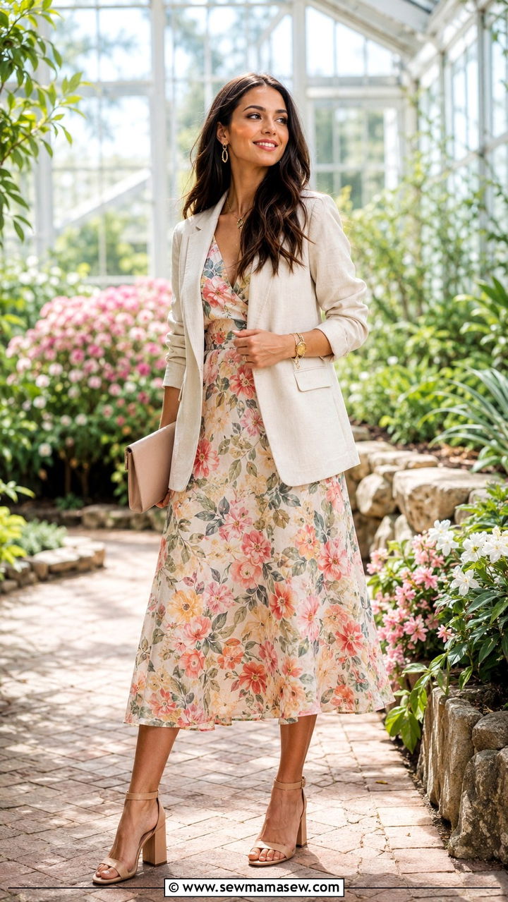 Linen Blazer With Floral Midi Dress And Nude Block Heels - 30 Linen blazer outfit ideas with heels