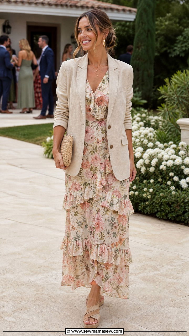 Linen Blazer With Floral Ruffle Maxi Dress And Wedge Sandals - 30 Maxi dress outfit ideas with a blazer