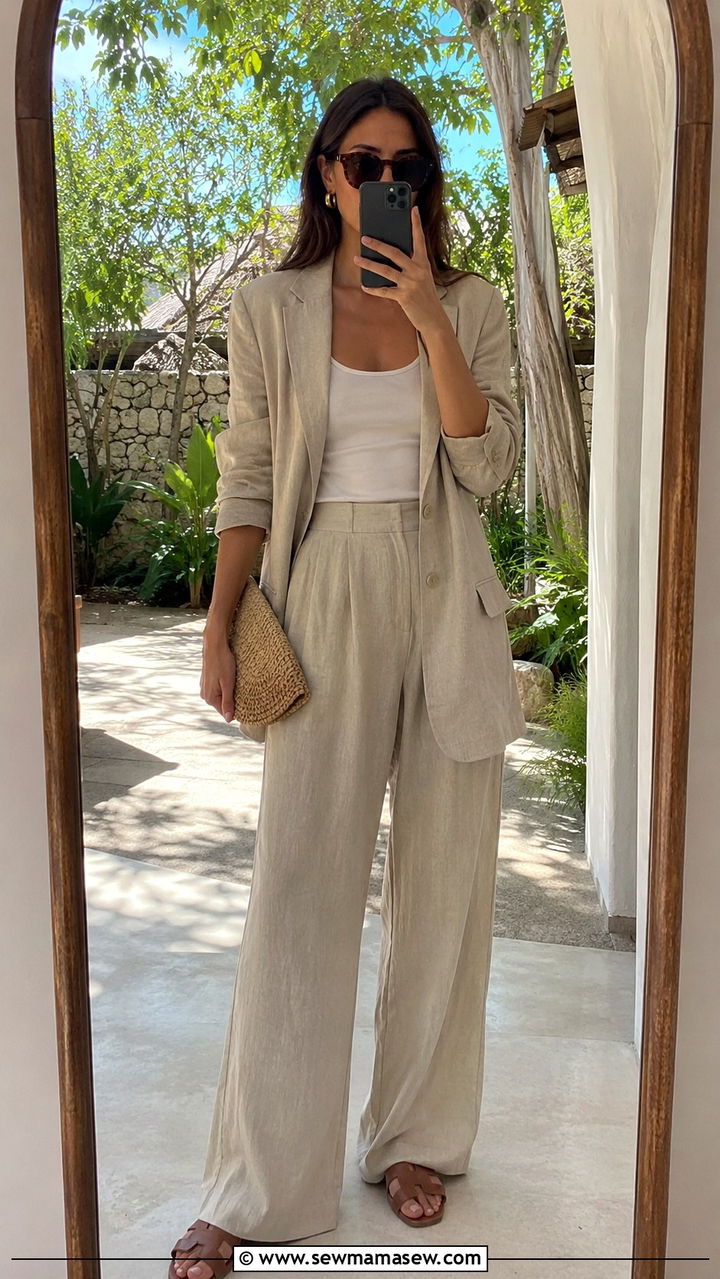 Linen Blazer With Linen Trousers And Tortoise Sunglasses - 25 Old money outfit ideas with tortoise sunglasses