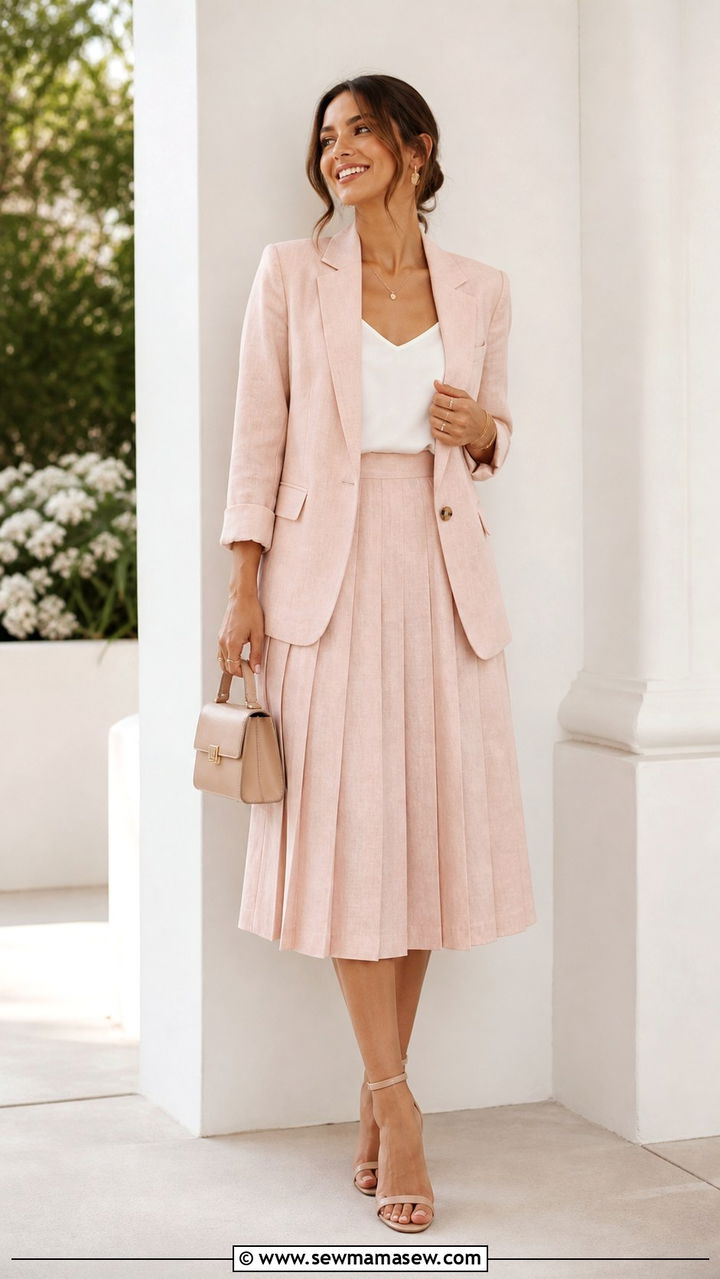 Linen Blazer With Matching Pleated Skirt Set - 40 summer preppy outfits