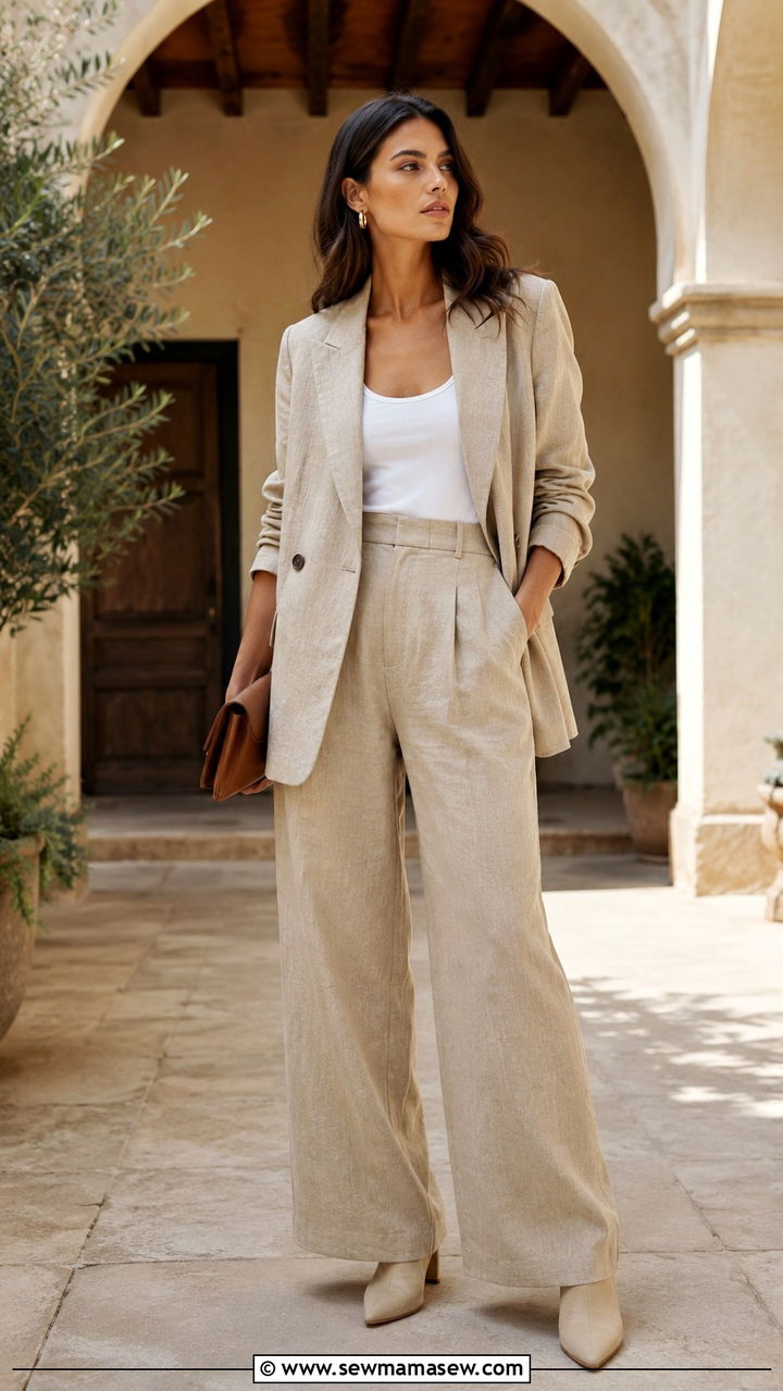Linen Blazer With Matching Trousers And Ankle Boots - 30 spring boots outfit ideas